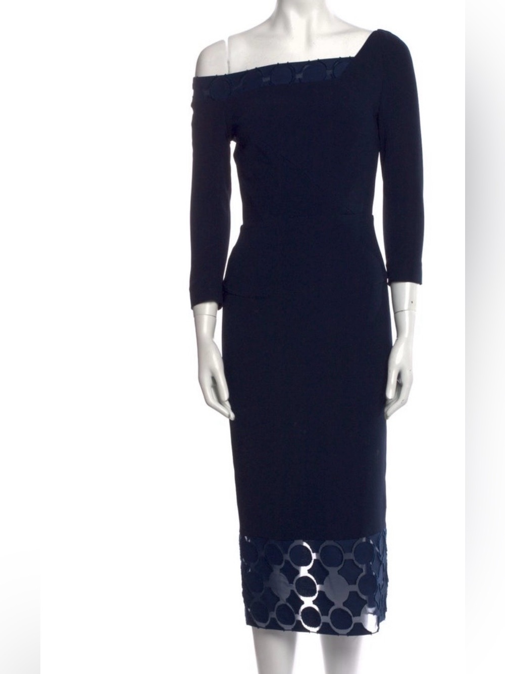 Roland Mouret Navy Off-Shoulder Midi Dress with Sheer Hem